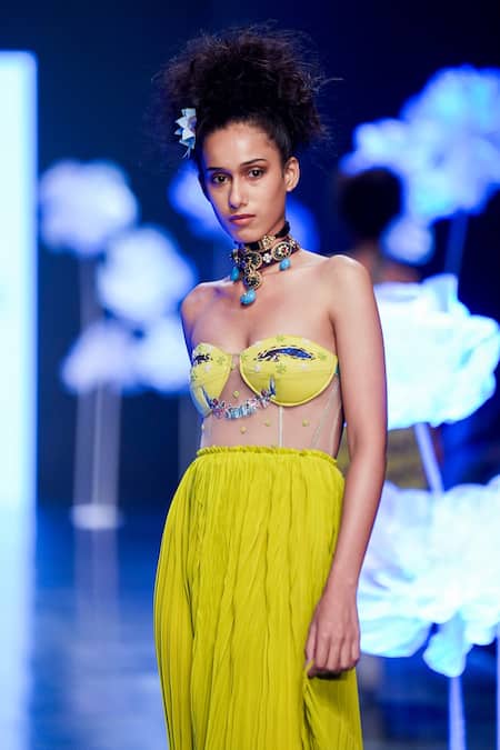 Shop_Rina Dhaka_Green Organza Bead Work Sweetheart Neck Embroidered Bustier Dress_Online_at_Aza_Fashions