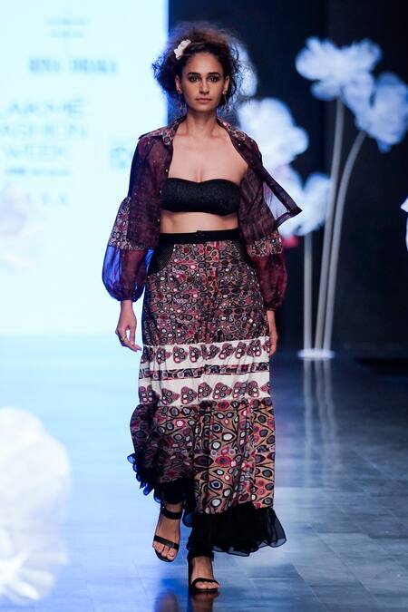 Rina Dhaka Black Poly Georgette Knit Lurex Abstract Rajasthani Print Tiered Skirt Online at Aza Fashions Rina Dhaka_Black Poly Georgette Knit Lurex Abstract Rajasthani Print Tiered Skirt_Online_at_Aza_Fashions