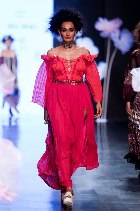 Rina Dhaka_Red Pleated Sweetheart Neck Off Shoulder Maxi Dress _Online_at_Aza_Fashions