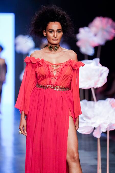 Shop_Rina Dhaka_Red Pleated Sweetheart Neck Off Shoulder Maxi Dress _Online_at_Aza_Fashions