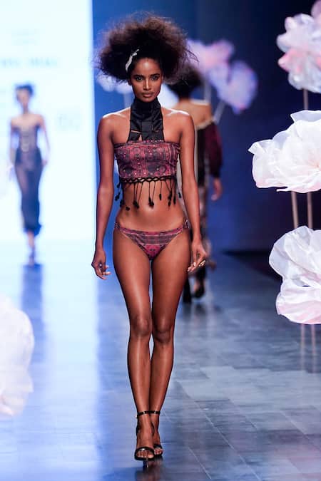 Rina Dhaka_Black Cotton Abstract High Neck Print Bikini Set _Online_at_Aza_Fashions