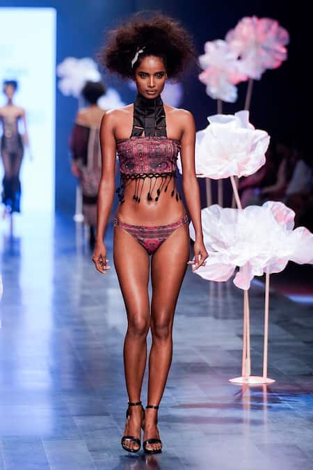 Buy_Rina Dhaka_Black Cotton Abstract High Neck Print Bikini Set _Online_at_Aza_Fashions