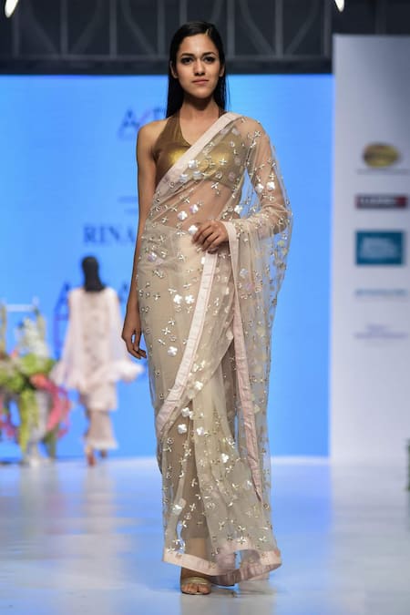 Rina Dhaka Beige Net Hand Embroidered Saree