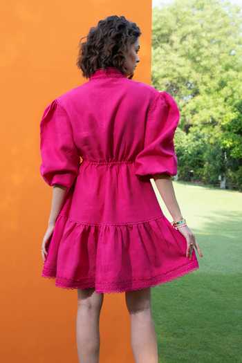 Shop Apz Pink Linen Puff Sleeve Dress at Aza Fashions Shop_Apz_Pink Linen Puff Sleeve Dress_at_Aza_Fashions