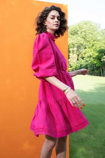 Apz Pink Linen Puff Sleeve Dress Online at Aza Fashions Apz_Pink Linen Puff Sleeve Dress_Online_at_Aza_Fashions