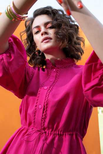 Shop Apz Pink Linen Puff Sleeve Dress Online at Aza Fashions Shop_Apz_Pink Linen Puff Sleeve Dress_Online_at_Aza_Fashions