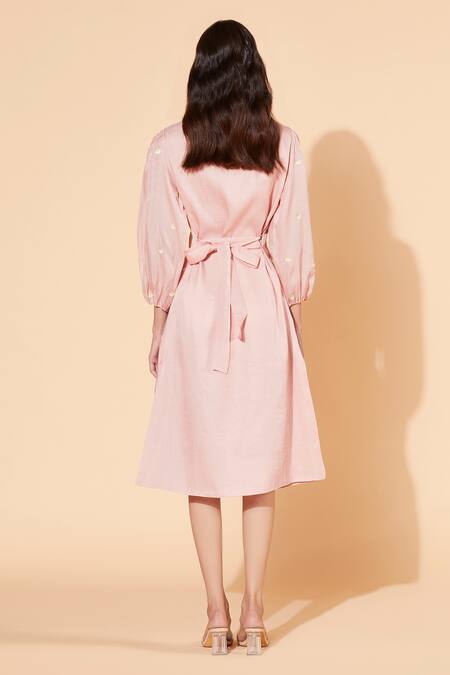 Shop Meadow Pink Silk Organza Lining Voile Stand Collar Midi Dress at Aza Fashions Shop_Meadow_Pink Silk Organza Lining Voile Stand Collar Midi Dress _at_Aza_Fashions