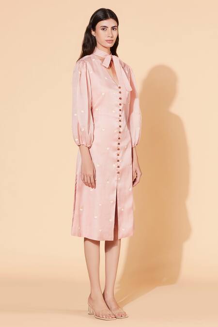 Meadow Pink Silk Organza Lining Voile Stand Collar Midi Dress Online at Aza Fashions Meadow_Pink Silk Organza Lining Voile Stand Collar Midi Dress _Online_at_Aza_Fashions