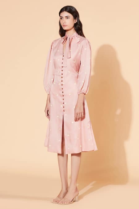 Buy Meadow Pink Silk Organza Lining Voile Stand Collar Midi Dress Online at Aza Fashions Buy_Meadow_Pink Silk Organza Lining Voile Stand Collar Midi Dress _Online_at_Aza_Fashions