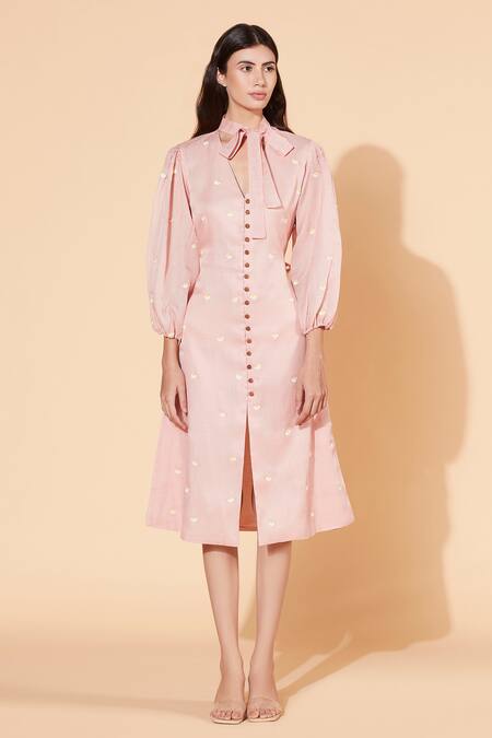 Shop Meadow Pink Silk Organza Lining Voile Stand Collar Midi Dress Online at Aza Fashions Shop_Meadow_Pink Silk Organza Lining Voile Stand Collar Midi Dress _Online_at_Aza_Fashions