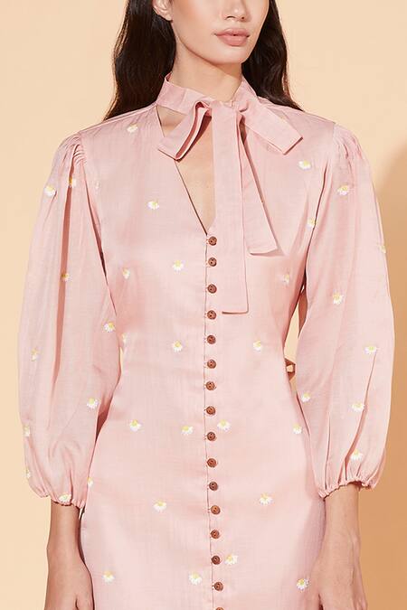 Meadow Pink Silk Organza Lining Voile Stand Collar Midi Dress at Aza Fashions Meadow_Pink Silk Organza Lining Voile Stand Collar Midi Dress _at_Aza_Fashions