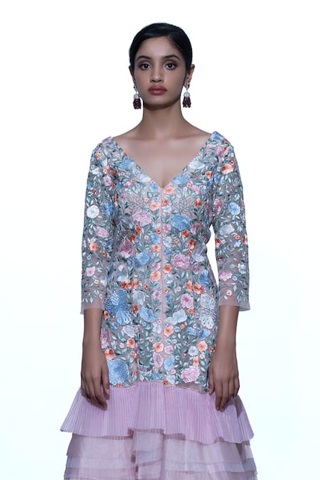 Shop Shriya Som Multi Color V Neck Floral Embroidered Tiered Dress at Aza Fashions Shop_Shriya Som_Multi Color V Neck Floral Embroidered Tiered Dress _at_Aza_Fashions