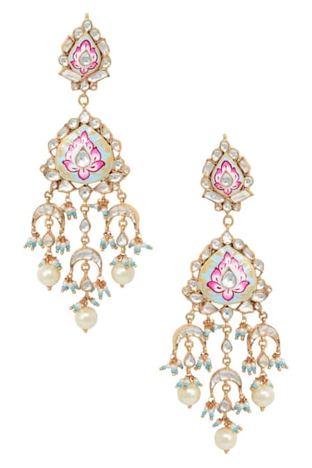 Riana Jewellery_Gold Plated Stones, Beads Floral Enamel Tiered Danglers _Online_at_Aza_Fashions