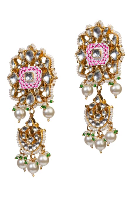 Riana Jewellery_Gold Plated Stones, Beads Floral Enamel Danglers _Online_at_Aza_Fashions