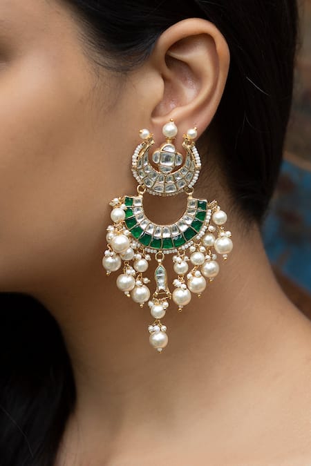 Shop_Riana Jewellery_Gold Plated Stones, Beads Drop Tiered Chandbalis _Online_at_Aza_Fashions