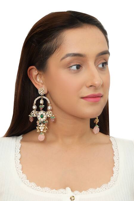 Buy_Riana Jewellery_Gold Plated Jadtar Stone Floral Bead Chandeliers _Online_at_Aza_Fashions