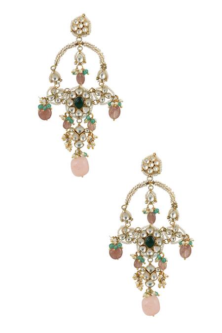Shop_Riana Jewellery_Gold Plated Jadtar Stone Floral Bead Chandeliers _at_Aza_Fashions