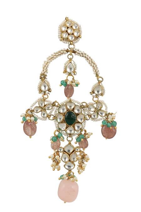 Riana Jewellery_Gold Plated Jadtar Stone Floral Bead Chandeliers _Online_at_Aza_Fashions