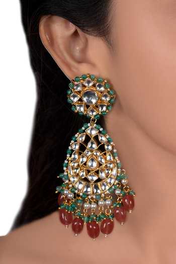 Buy Riana Jewellery Gold Plated Pearls, Zari, Stones Floral Jadtar Drop Earrings Online at Aza Fashions Buy_Riana Jewellery_Gold Plated Pearls, Zari, Stones Floral Jadtar Drop Earrings _Online_at_Aza_Fashions