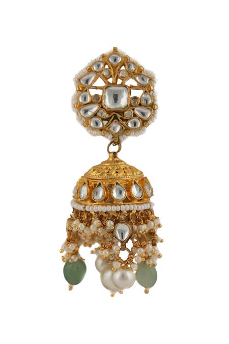 Riana Jewellery_Gold Plated Jadtar Floral Bead Drop Jhumkas _Online_at_Aza_Fashions