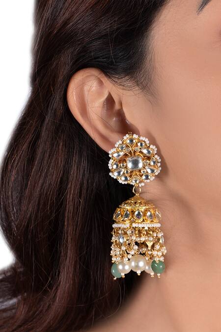 Buy_Riana Jewellery_Gold Plated Jadtar Floral Bead Drop Jhumkas _Online_at_Aza_Fashions