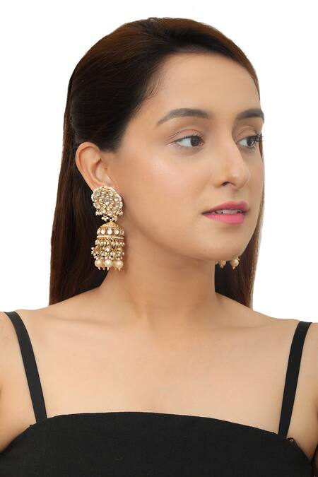 Riana Jewellery Gold Plated Floral Stone Jhumkas Online at Aza Fashions Riana Jewellery_Gold Plated Floral Stone Jhumkas _Online_at_Aza_Fashions