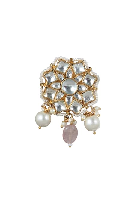 Riana Jewellery_Gold Plated Pearls, Beads, Diamonds Floral Stone Stud Earrings _Online_at_Aza_Fashions