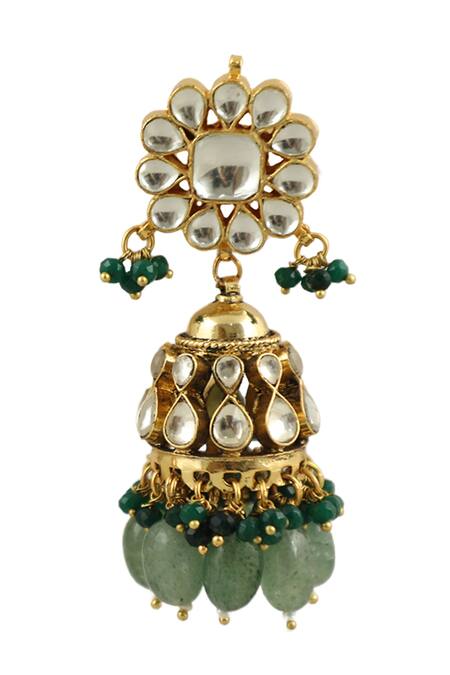 Riana Jewellery_Gold Plated Glitter, Beads, Stones Floral Motif Jhumkas _Online_at_Aza_Fashions