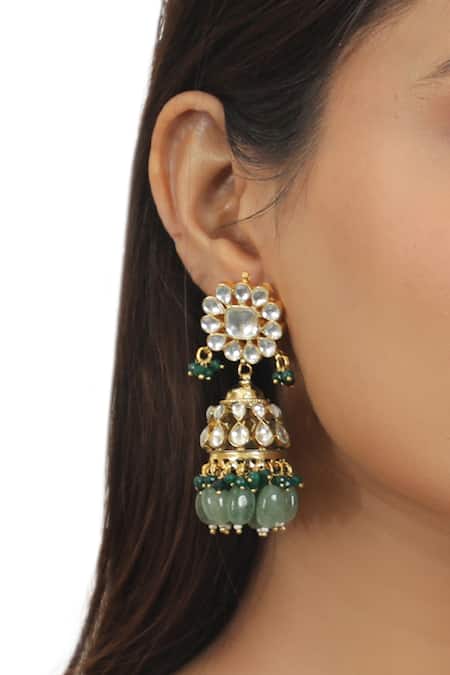 Buy_Riana Jewellery_Gold Plated Glitter, Beads, Stones Floral Motif Jhumkas _Online_at_Aza_Fashions