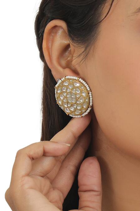 Riana Jewellery_Gold Plated Glitter, Beads, Pearls Floral Carved Studs _Online_at_Aza_Fashions