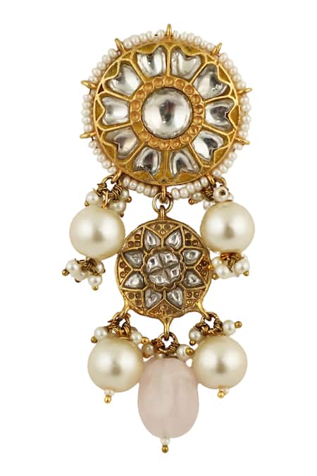 Riana Jewellery_Gold Plated Glitter, Pearls, Stones Floral Carved Dangler Earrings _Online_at_Aza_Fashions