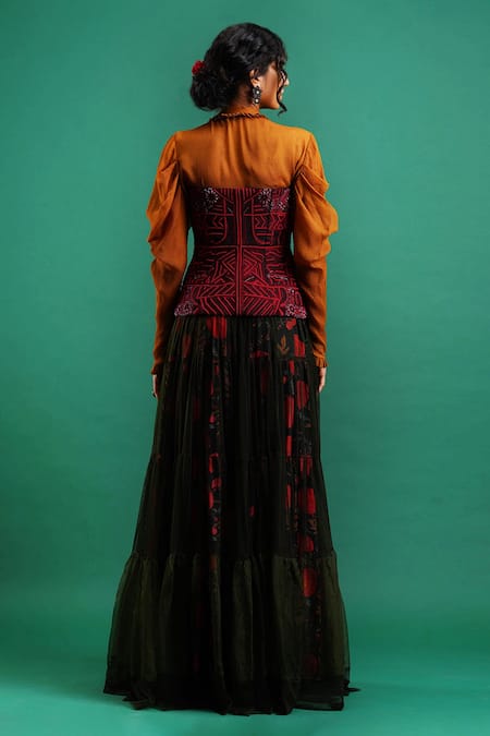 Shop_Nidhi Yasha_Yellow Viscose Embellished Tie-up Top With Corset  _at_Aza_Fashions