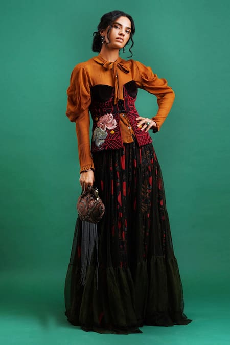 Nidhi Yasha_Yellow Viscose Embellished Tie-up Top With Corset  _Online_at_Aza_Fashions