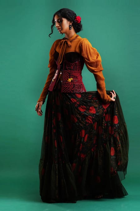 Buy_Nidhi Yasha_Yellow Viscose Embellished Tie-up Top With Corset  _Online_at_Aza_Fashions
