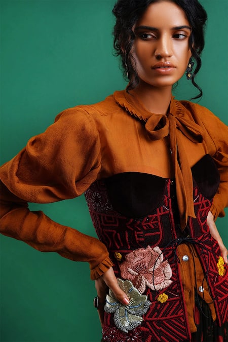 Nidhi Yasha_Yellow Viscose Embellished Tie-up Top With Corset  _at_Aza_Fashions