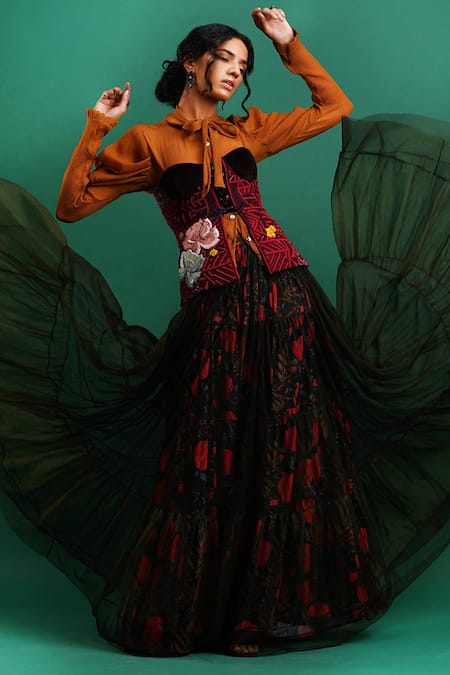 Buy_Nidhi Yasha_Black Viscose Printed Skirt _Online_at_Aza_Fashions