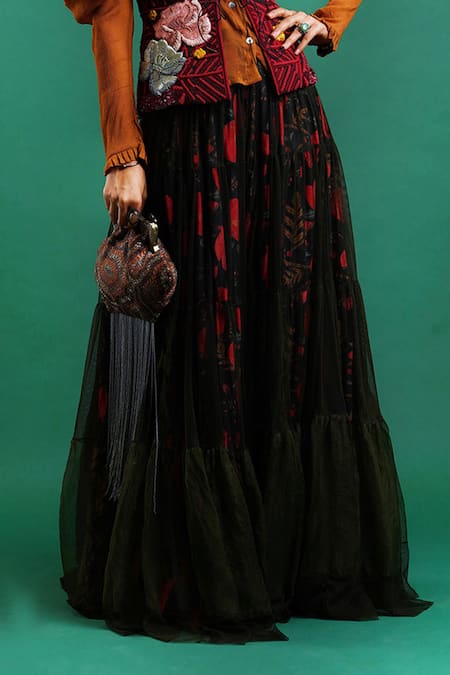 Shop_Nidhi Yasha_Black Viscose Printed Skirt _Online_at_Aza_Fashions