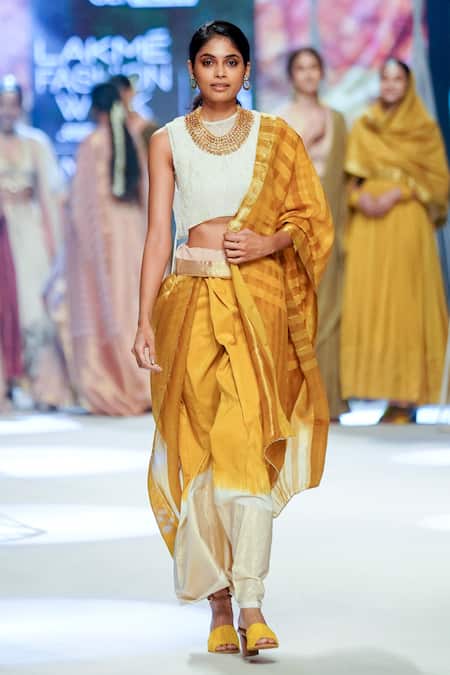 RE-_Yellow 30% Recycled Cotton Yarns, Degummed Arti Handwoven Dip-dyed Lungi Set_Online_at_Aza_Fashions