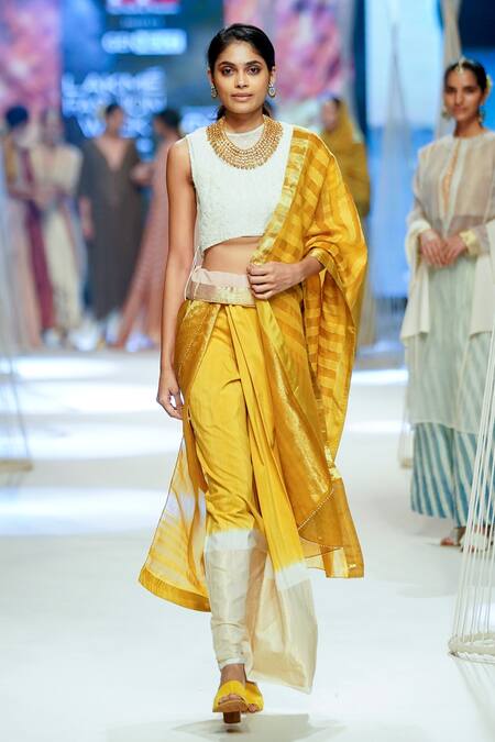 Buy_RE-_Yellow 30% Recycled Cotton Yarns, Degummed Arti Handwoven Dip-dyed Lungi Set_Online_at_Aza_Fashions