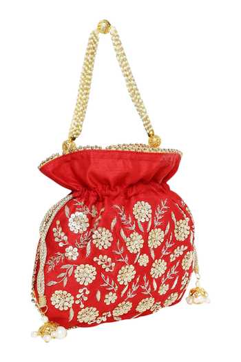 Buy The Purple Sack Red Embroidery, Sequins Floral Potli Bag at Aza Fashions Buy_The Purple Sack_Red Embroidery, Sequins Floral Potli Bag _at_Aza_Fashions