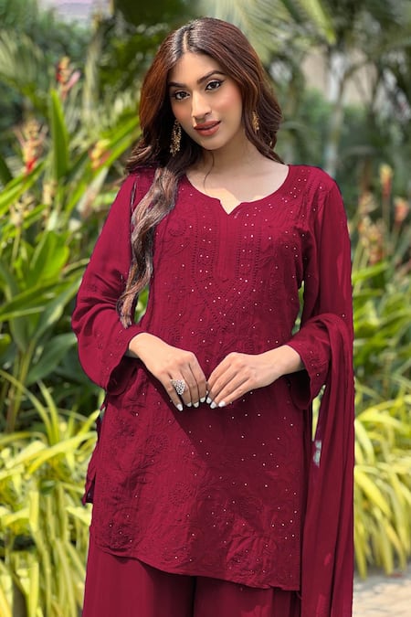 LABEL AISHWARYRIKA_Red Georgette Chikankari, Mukaish Notched Short Kurta Gharara Set _Online_at_Aza_Fashions