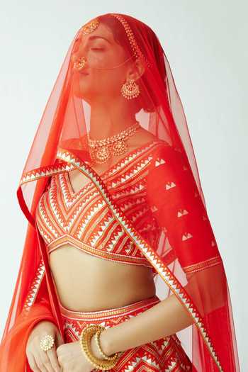 Priyal Prakash_Red Silk, Organza, Net Sequins, Zari Chevron Embroidered Bridal Lehenga Set _at_Aza_Fashions