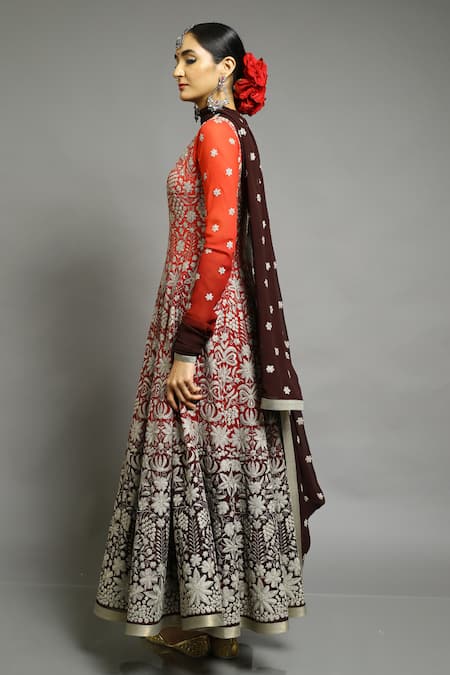 Abhishek Gupta_Red Georgette Embroidered Anarkali Set  _Online_at_Aza_Fashions