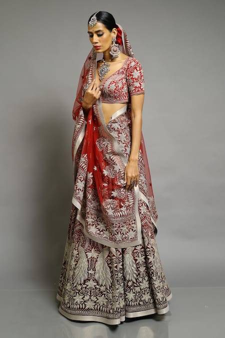 Abhishek Gupta_Red Georgette Embroidered Bridal Lehenga Set _Online_at_Aza_Fashions