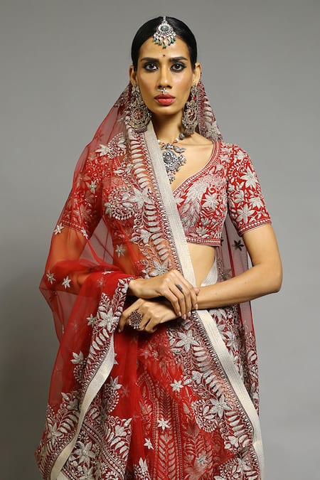 Buy_Abhishek Gupta_Red Georgette Embroidered Bridal Lehenga Set _Online_at_Aza_Fashions