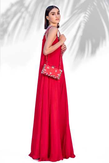 Mandira Wirk_Red Beads, Sequins Embellished Floral Box Clutch _Online_at_Aza_Fashions