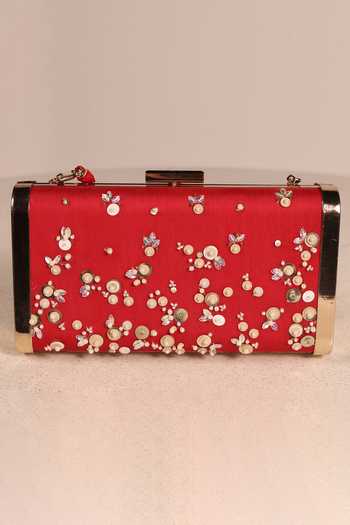 Shop_Mandira Wirk_Red Beads, Sequins Embellished Floral Box Clutch _Online_at_Aza_Fashions