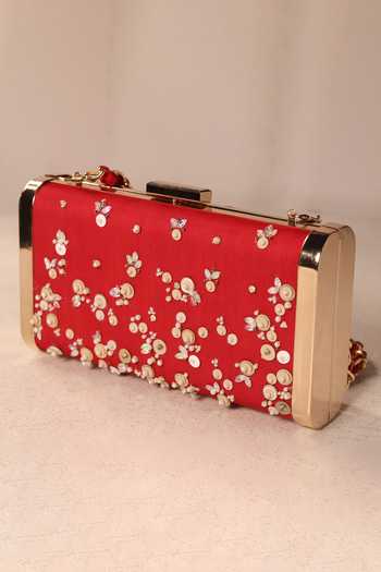 Mandira Wirk_Red Beads, Sequins Embellished Floral Box Clutch _at_Aza_Fashions
