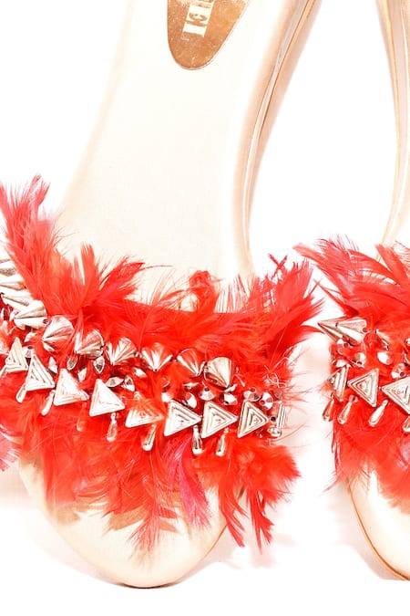 Foot Fuel_Gold Feathers, Studs Embellished Heels _Online_at_Aza_Fashions
