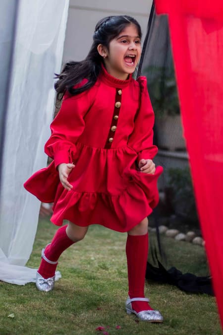 Hoity Moppet Red Crepe, Satin Tiered Dress